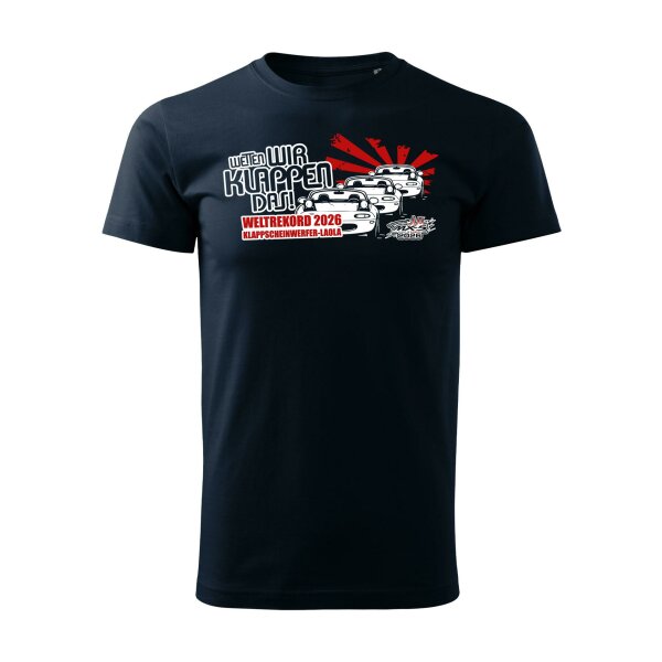 T-SHIRT ♂ | WETTEN WIR KLAPPEN DAS ... EIN-MX5-Event 2026 | L | marineblau | Vorderseite | mazda/mx5