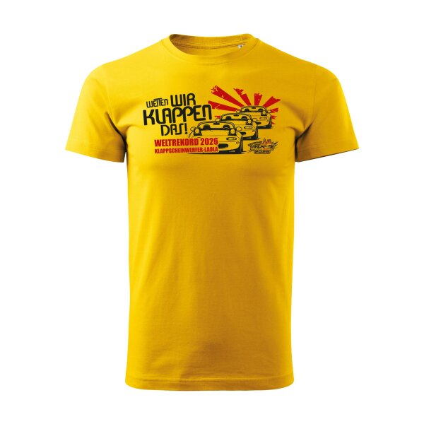 T-SHIRT ♂ | WETTEN WIR KLAPPEN DAS ... EIN-MX5-Event 2026 | 3XL | gelb | Vorderseite | mazda/mx5