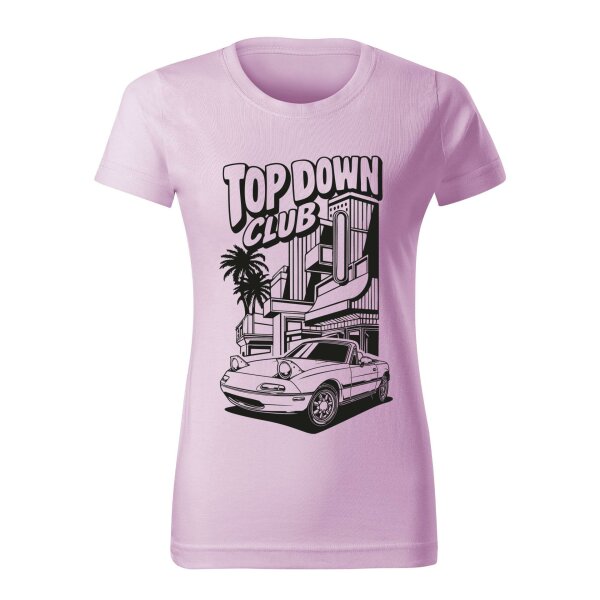 T-SHIRT ♀ | 04/2026 | TOP DOWN CLUB | MX-5 | S | orchidee | Vorderseite | mazda/mx5/na