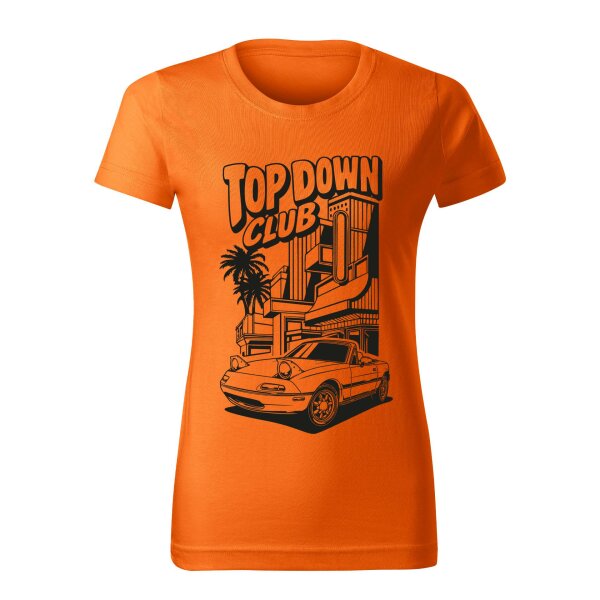 T-SHIRT ♀ | 04/2026 | TOP DOWN CLUB | MX-5 | S | orange | Vorderseite | mazda/mx5/na