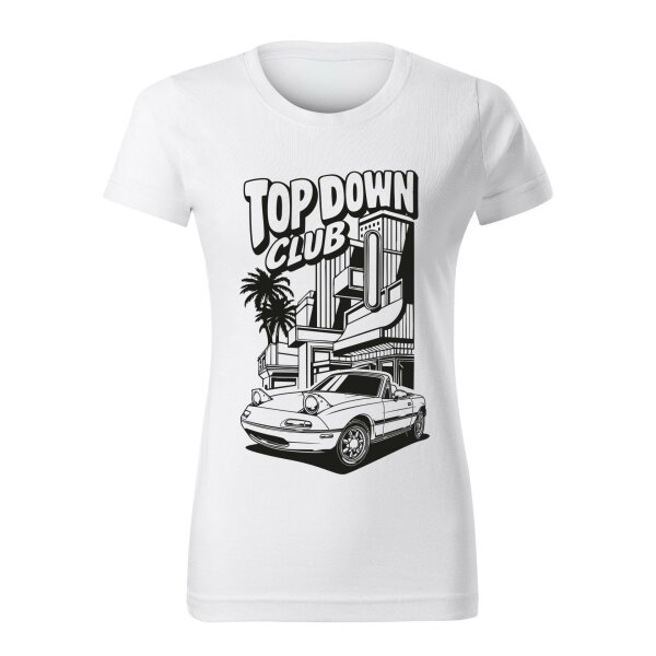 T-SHIRT ♀ | 04/2026 | TOP DOWN CLUB | MX-5 | S | weiss | Vorderseite | mazda/mx5/na