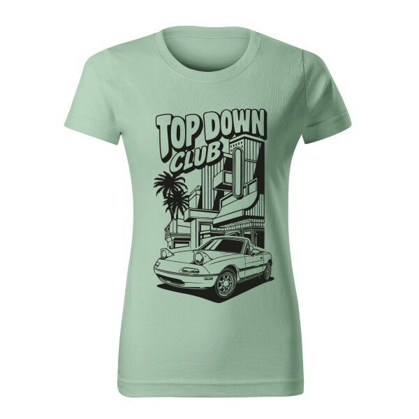 T-SHIRT ♀ | 04/2026 | TOP DOWN CLUB | MX-5 | S | salbeigruen | Vorderseite | mazda/mx5/na