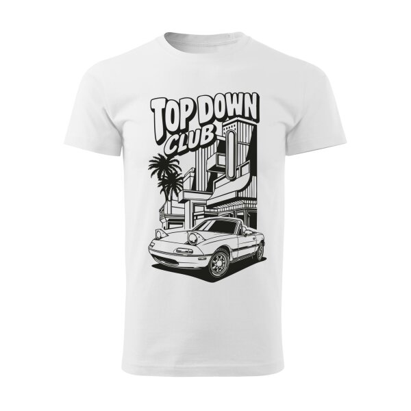 T-SHIRT ♂ | 04/2025 | TOP DOWN CLUB | MX-5 | S | weiss | Vorderseite | mazda/mx5/na