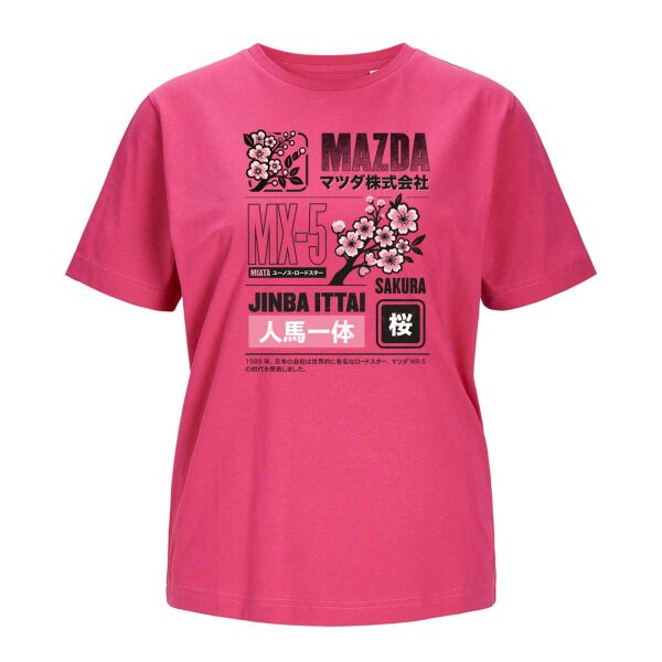 J&J T-SHIRT ♀ | JINBA ITTAI SAKURA | MX-5 | L | fuchsia-rose | Vorderseite | mazda/mx5