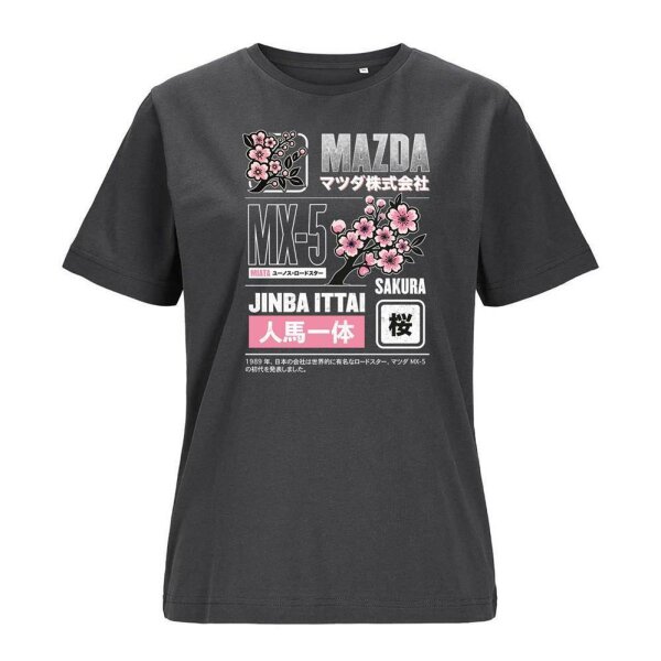 J&J T-SHIRT ♀ | JINBA ITTAI SAKURA | MX-5 | L | asphalt | Vorderseite | mazda/mx5