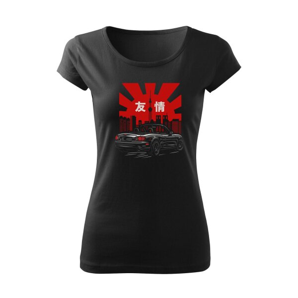 T-SHIRT ♀ | 07/2025 | FRIENDSHIP | MX-5 | M | schwarz | Vorderseite/Rückseite | mazda/mx5/nb
