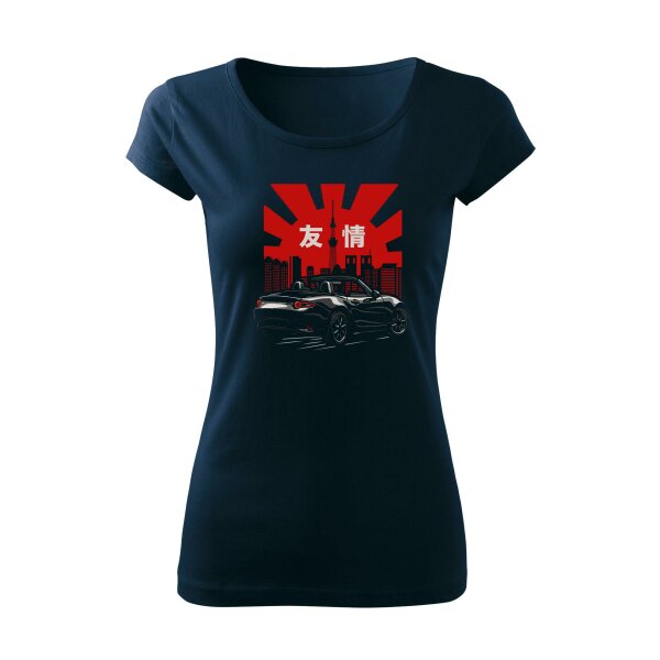 T-SHIRT ♀ | 07/2025 | FRIENDSHIP | MX-5 | L | marineblau | Vorderseite/Rückseite | mazda/mx5/nd