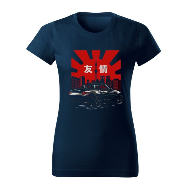 T-SHIRT ♀ | 07/2025 | FRIENDSHIP | MX-5 | S | marineblau | Vorderseite/Rückseite | mazda/mx5/nd